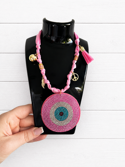Evil eye Pink Silk Bandana Necklace