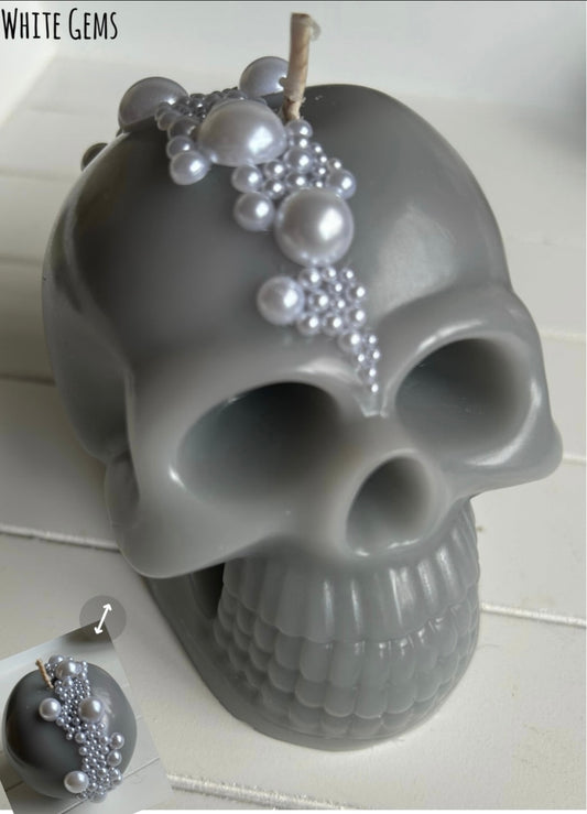 Grey White Gem Skull Candle