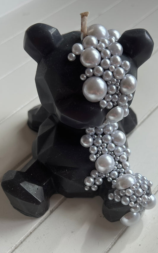 Black White Gem Teddy Bear Candle