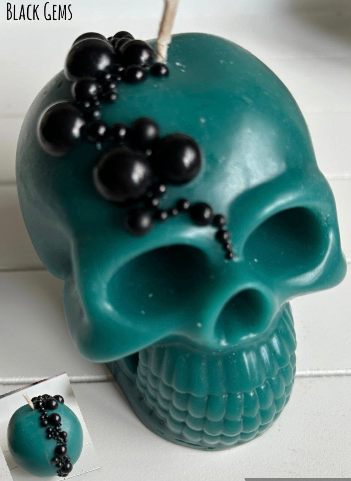 Teal black gem Skull Candle