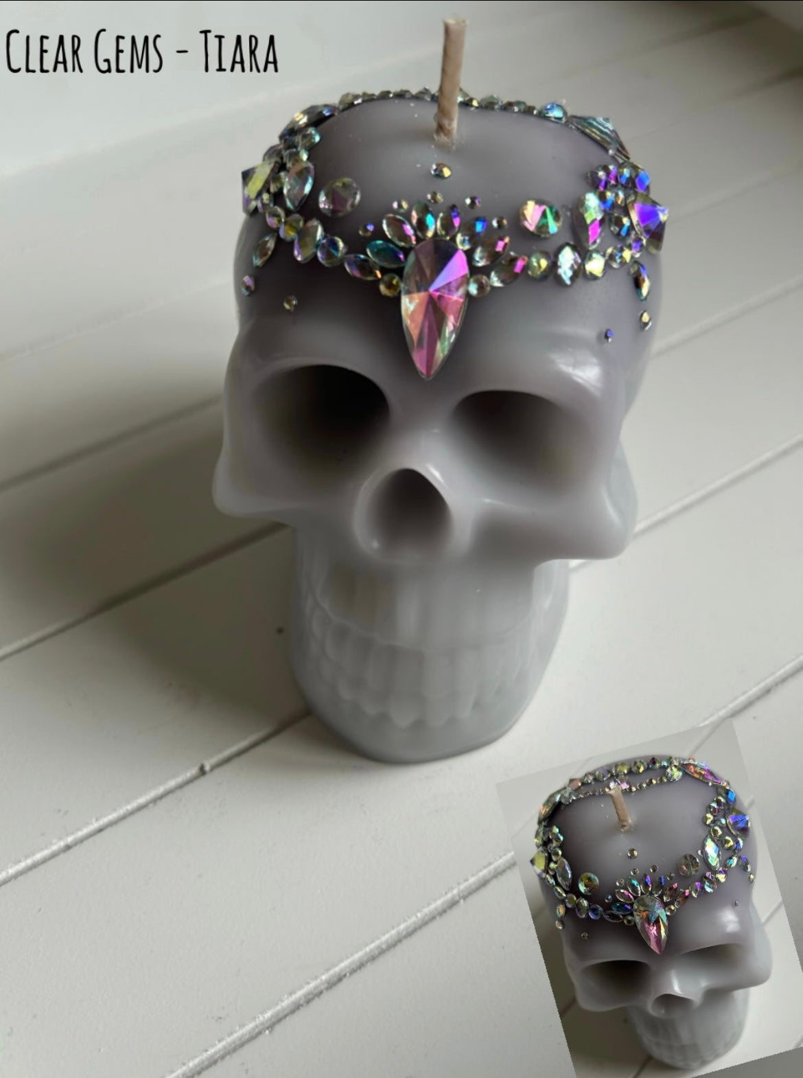 Grey Tiara Bling Skull Candle