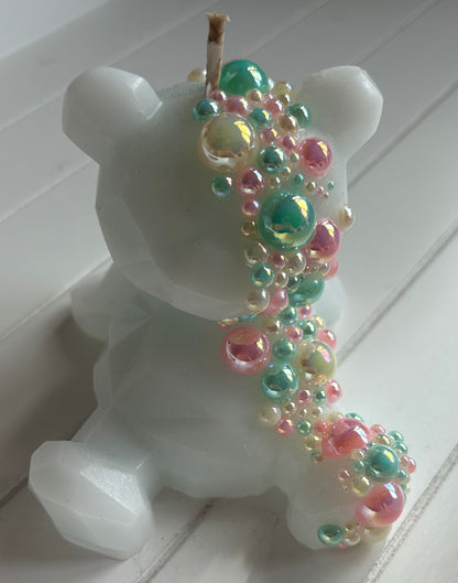 White Pastel Gem Teddy Bear Candle